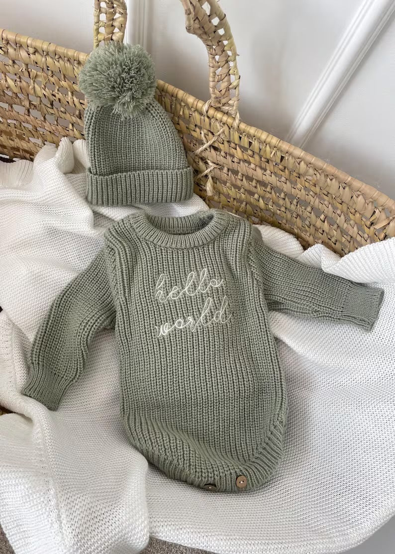 Hello World Knit Romper & Beanie Set – Unisex Newborn Outfit [Sage]