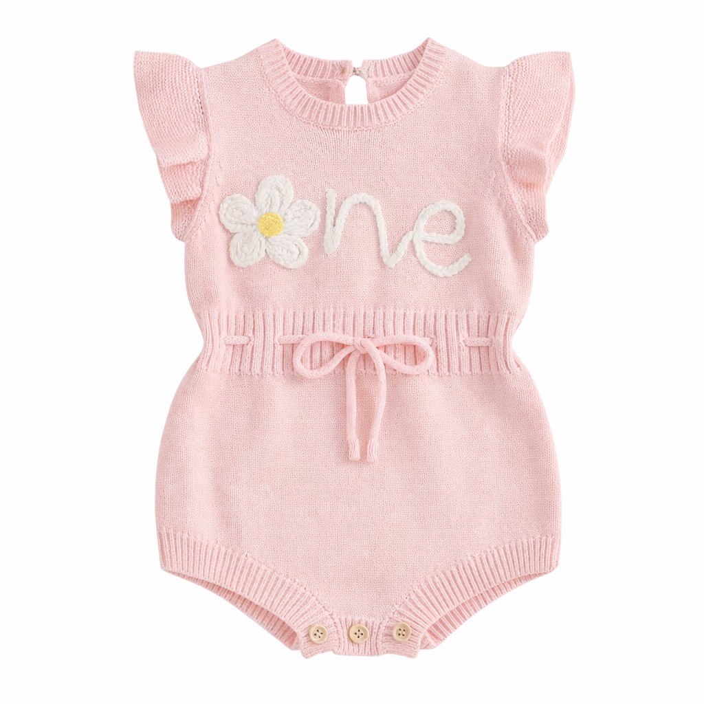 Piper “One” Autumn Birthday Knit Romper – Baby Girl First Birthday Outfit [Pink]