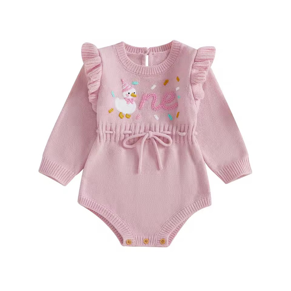 Cora “One” Autumn Birthday Knit Romper – Long Sleeve Baby Girl First Birthday Outfit