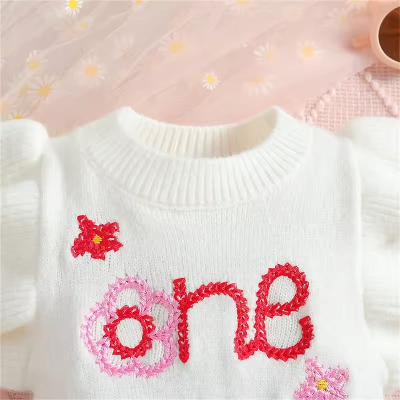 Anna “One” Autumn Birthday Knit Romper – Baby Girl First Birthday Outfit
