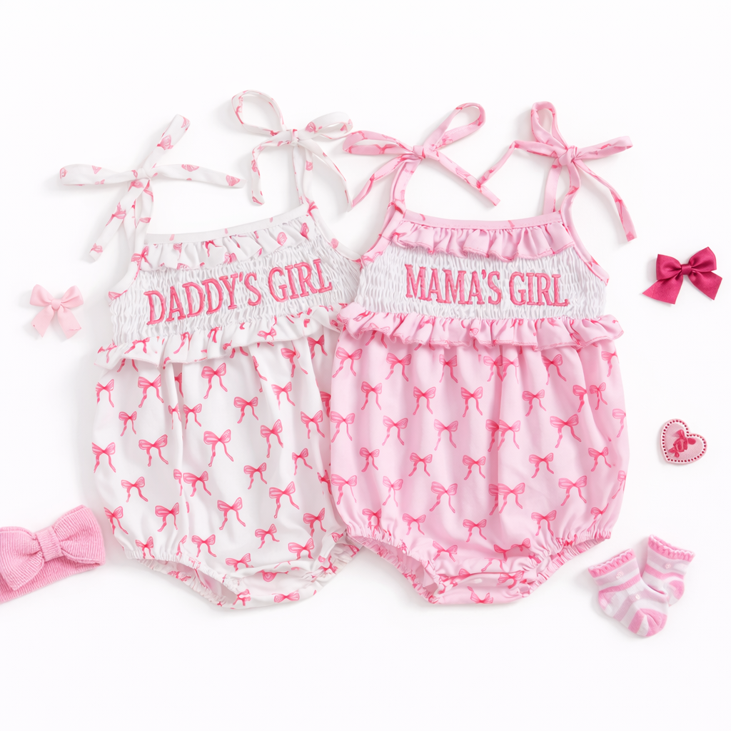 Lola Daddy’s Girl + Mama’s Girl Pink Bow Smocked Romper Set