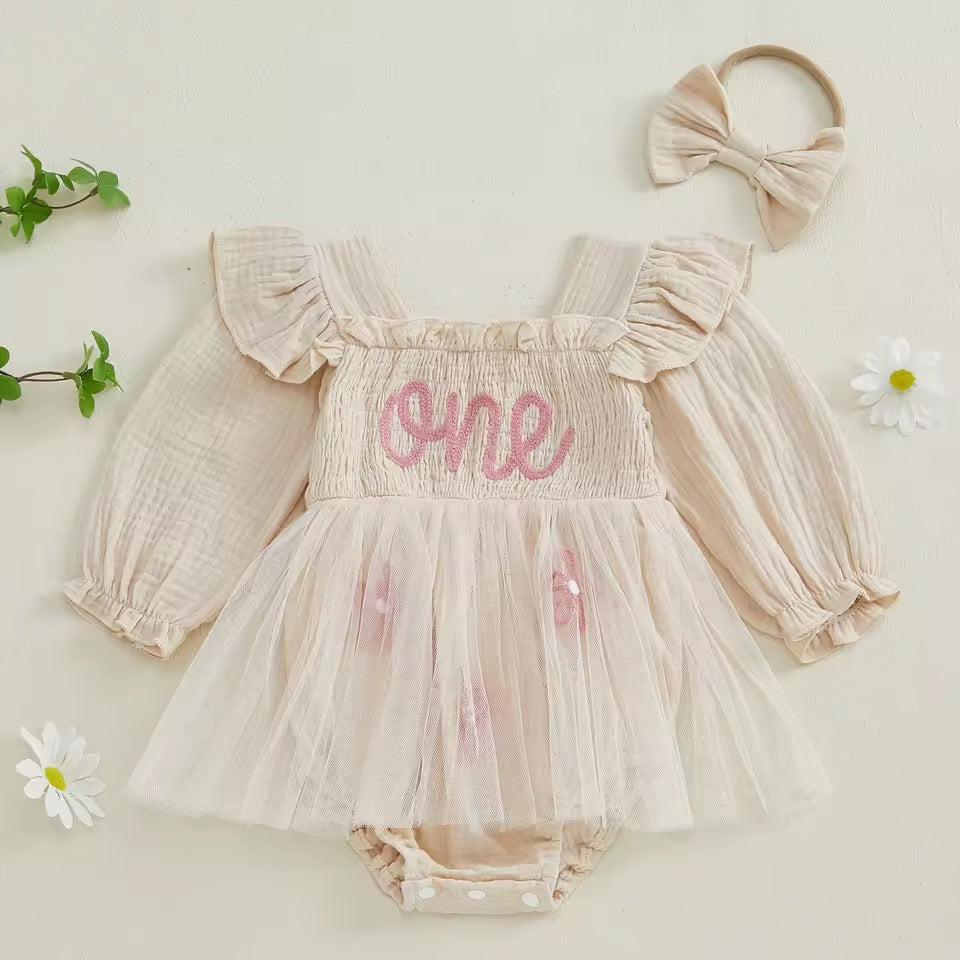 Zoe First Birthday Long Sleeve Tutu Romper/Dress - Biege