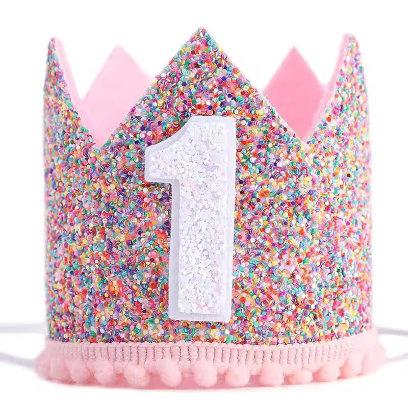 Confetti Glitter First Birthday Crown | Sparkly Pink Birthday Party Hat