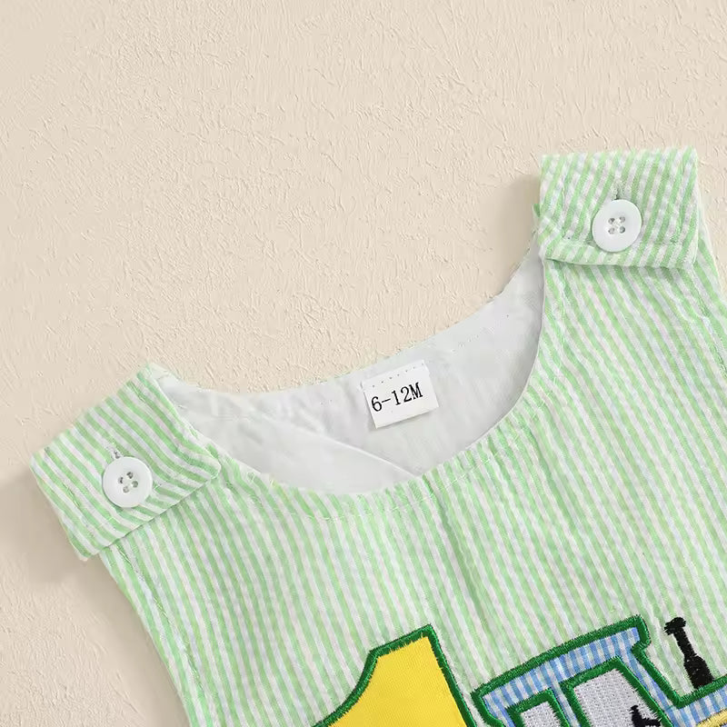 Callum Boys First Birthday Romper - Green | Tractor