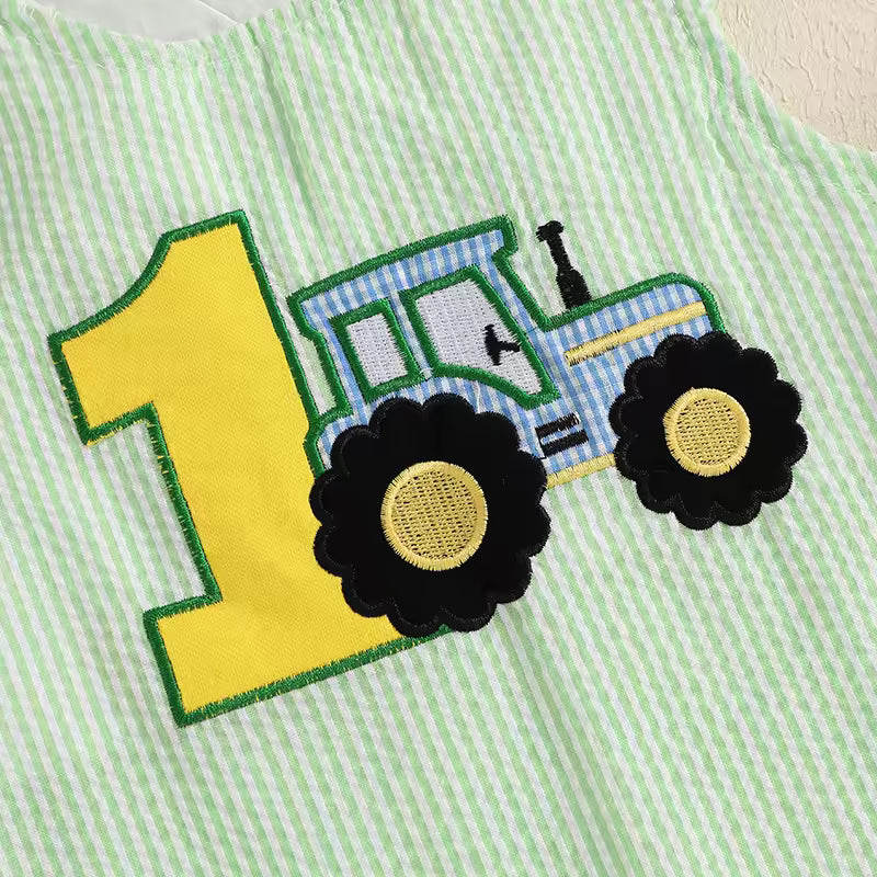 Callum Boys First Birthday Romper - Green | Tractor