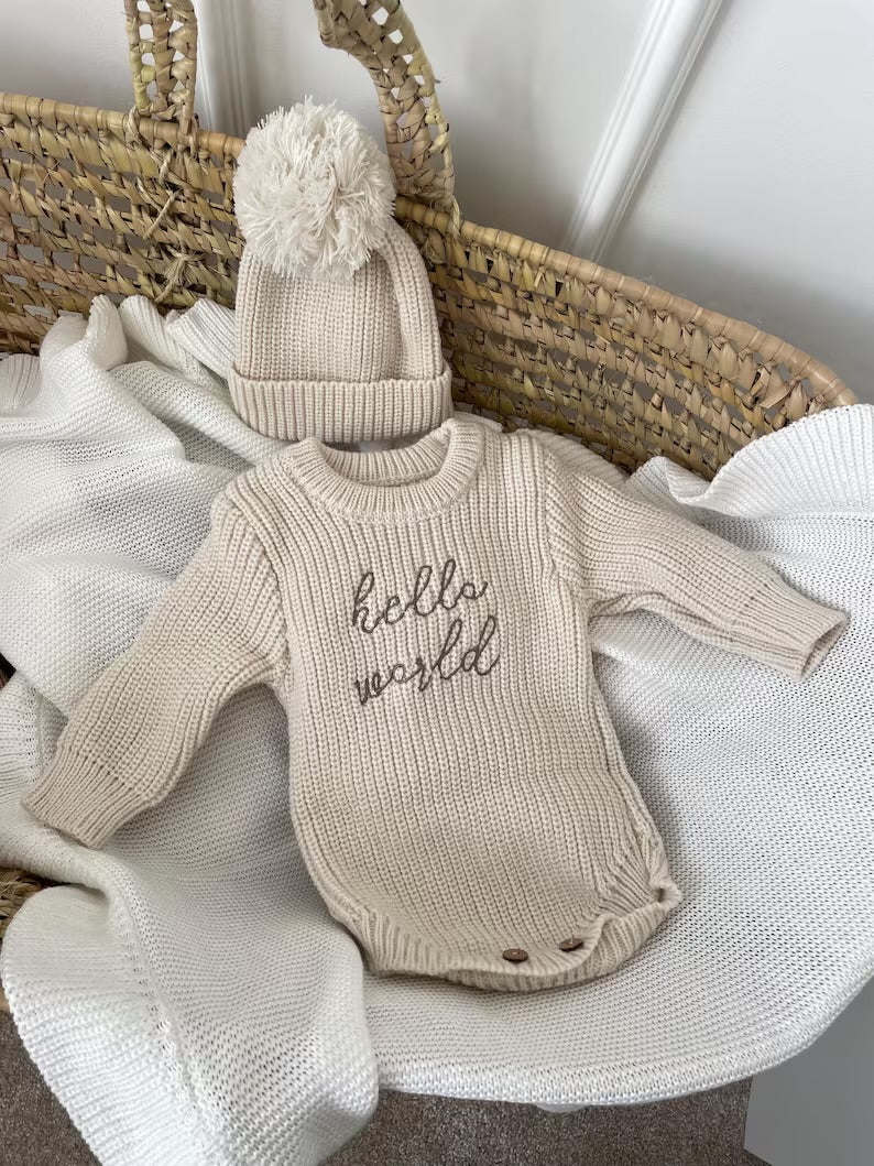 Hello World Knit Romper & Beanie Set – Unisex Newborn Outfit [Beige]