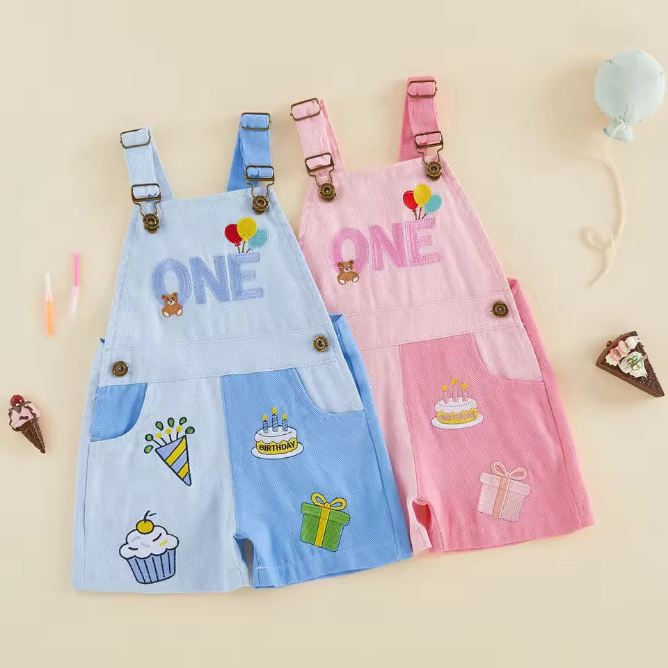 Blue “ONE” Birthday Overall Romper
