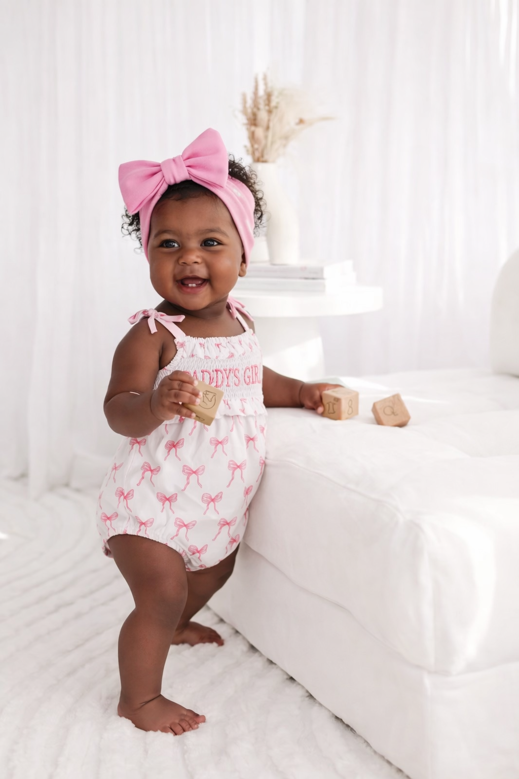Lola Daddy’s Girl + Mama’s Girl Pink Bow Smocked Romper Set