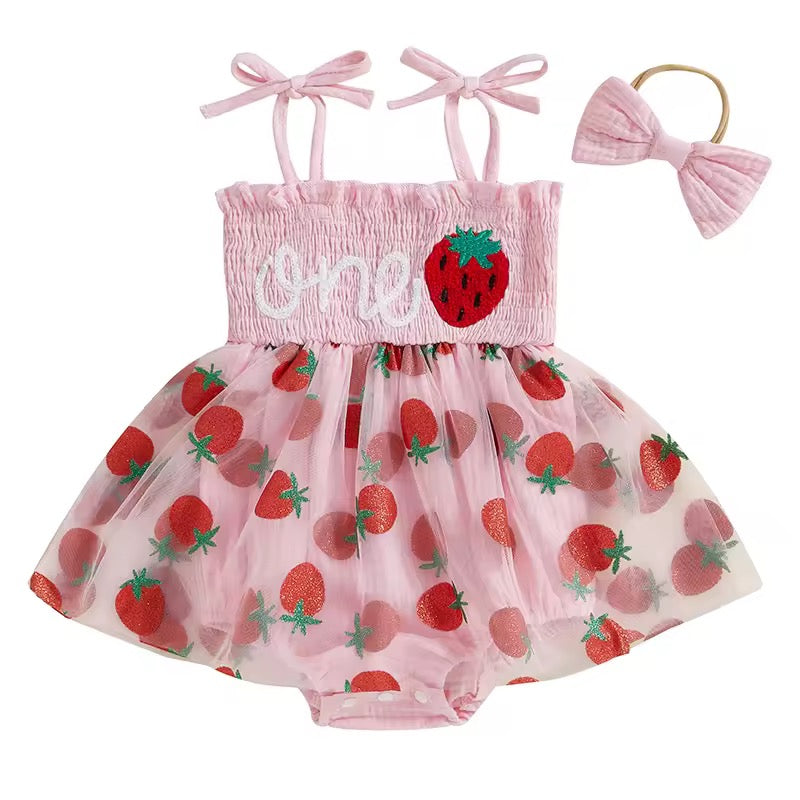 Zora ‘One’ First Birthday Tulle Dress - Strawberry