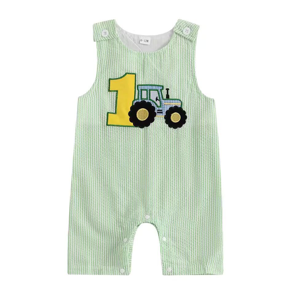 Callum Boys First Birthday Romper - Green | Tractor