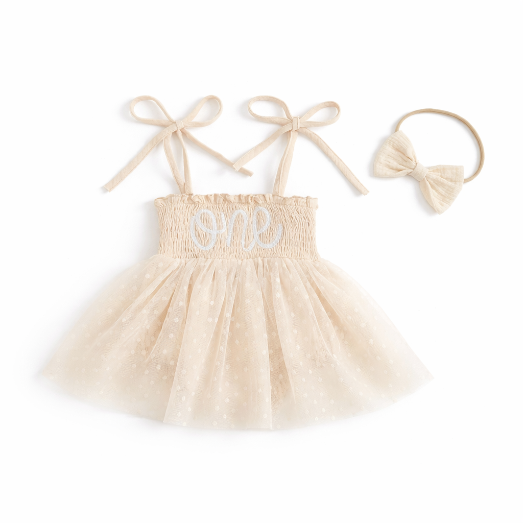 Maddy First Birthday Polkadot Tulle Dress - Beige