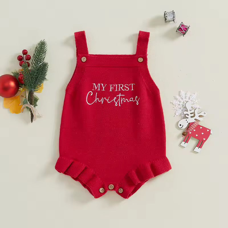 My First Christmas Baby Romper – Red Knitted Christmas Outfit