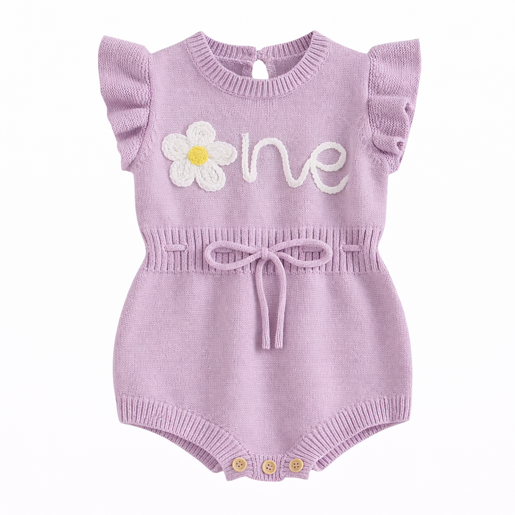 Piper “One” Autumn Birthday Knit Romper – Baby Girl First Birthday Outfit [Lilac]