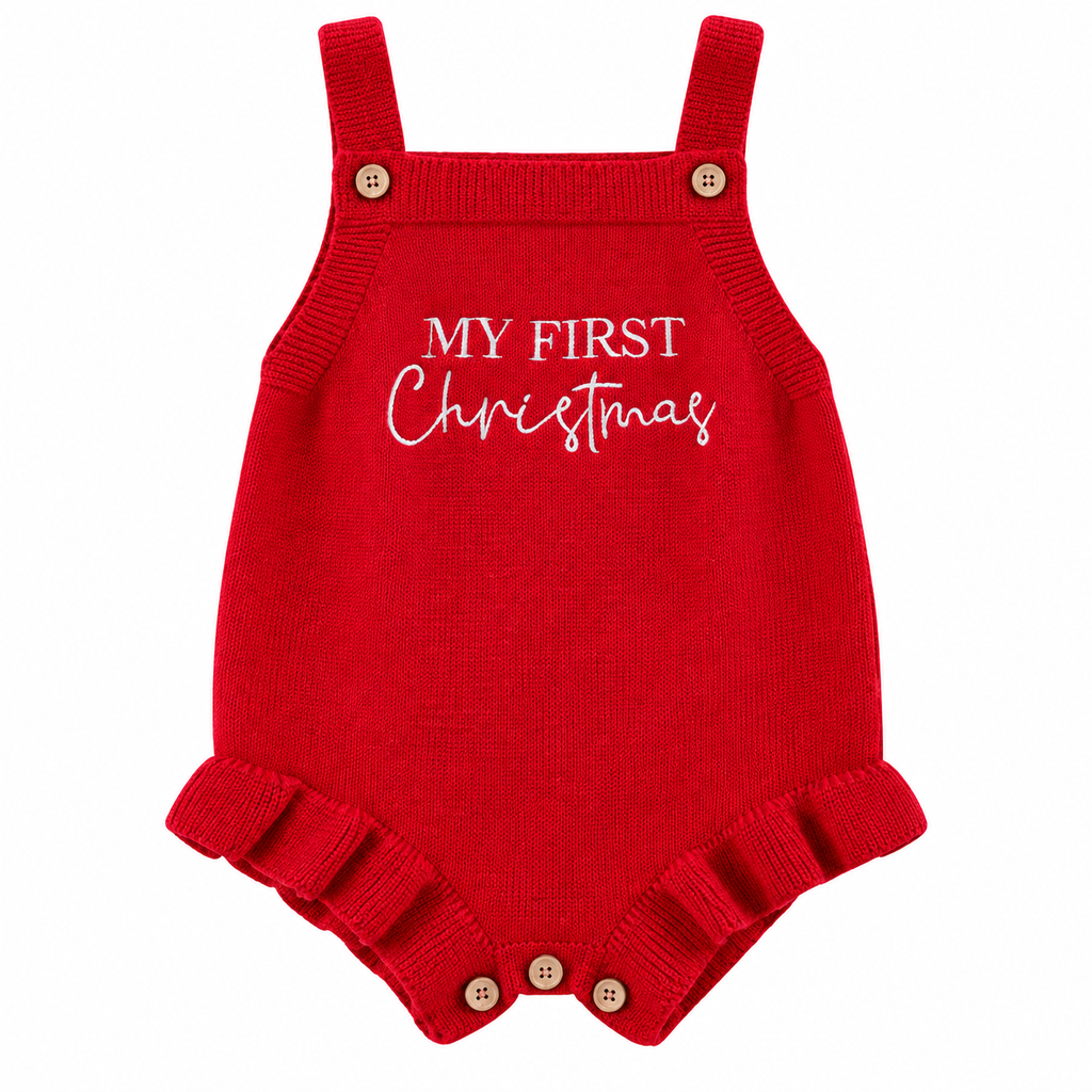 My First Christmas Baby Romper – Red Knitted Christmas Outfit