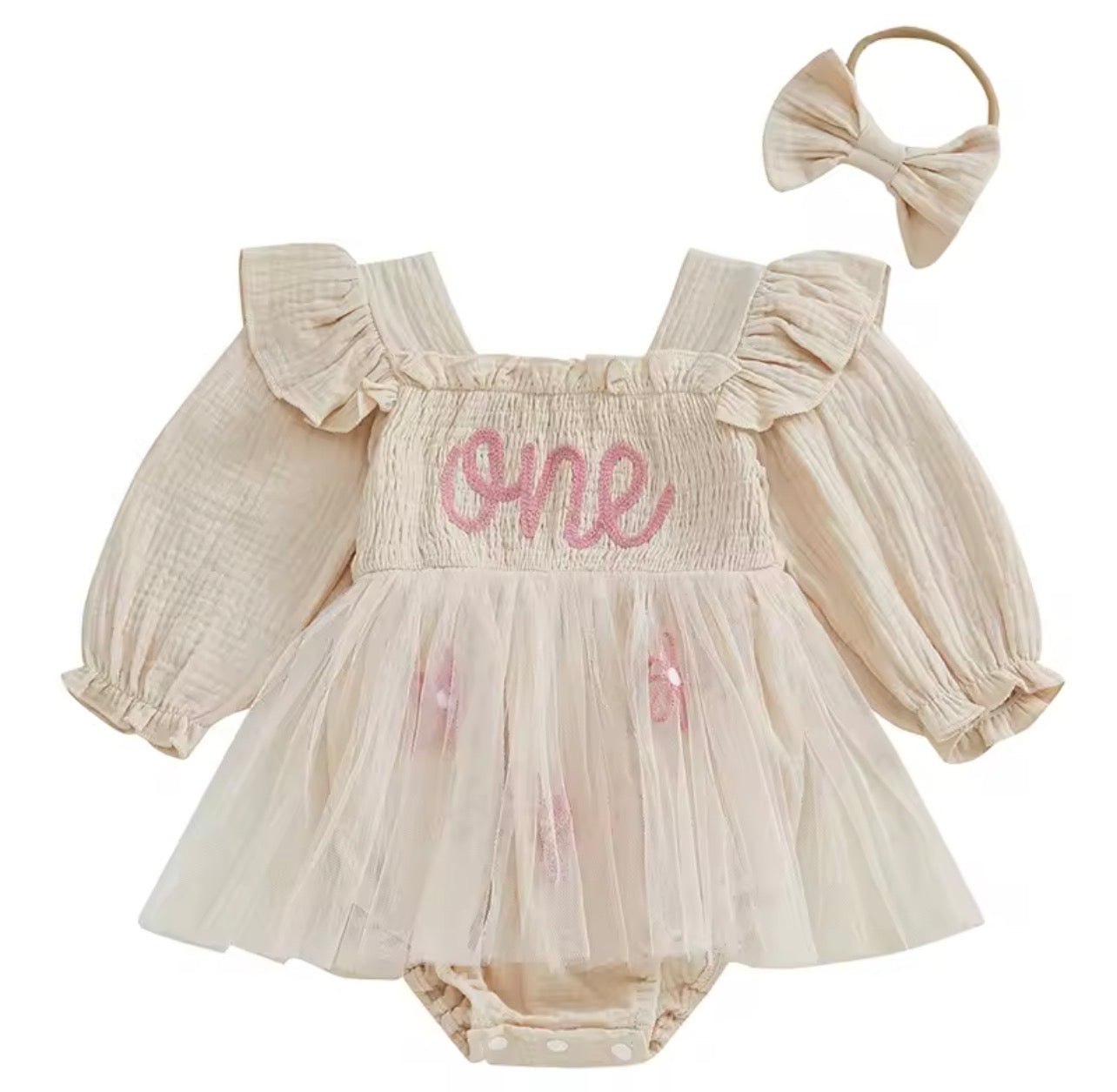 Zoe First Birthday Long Sleeve Tutu Romper/Dress - Biege