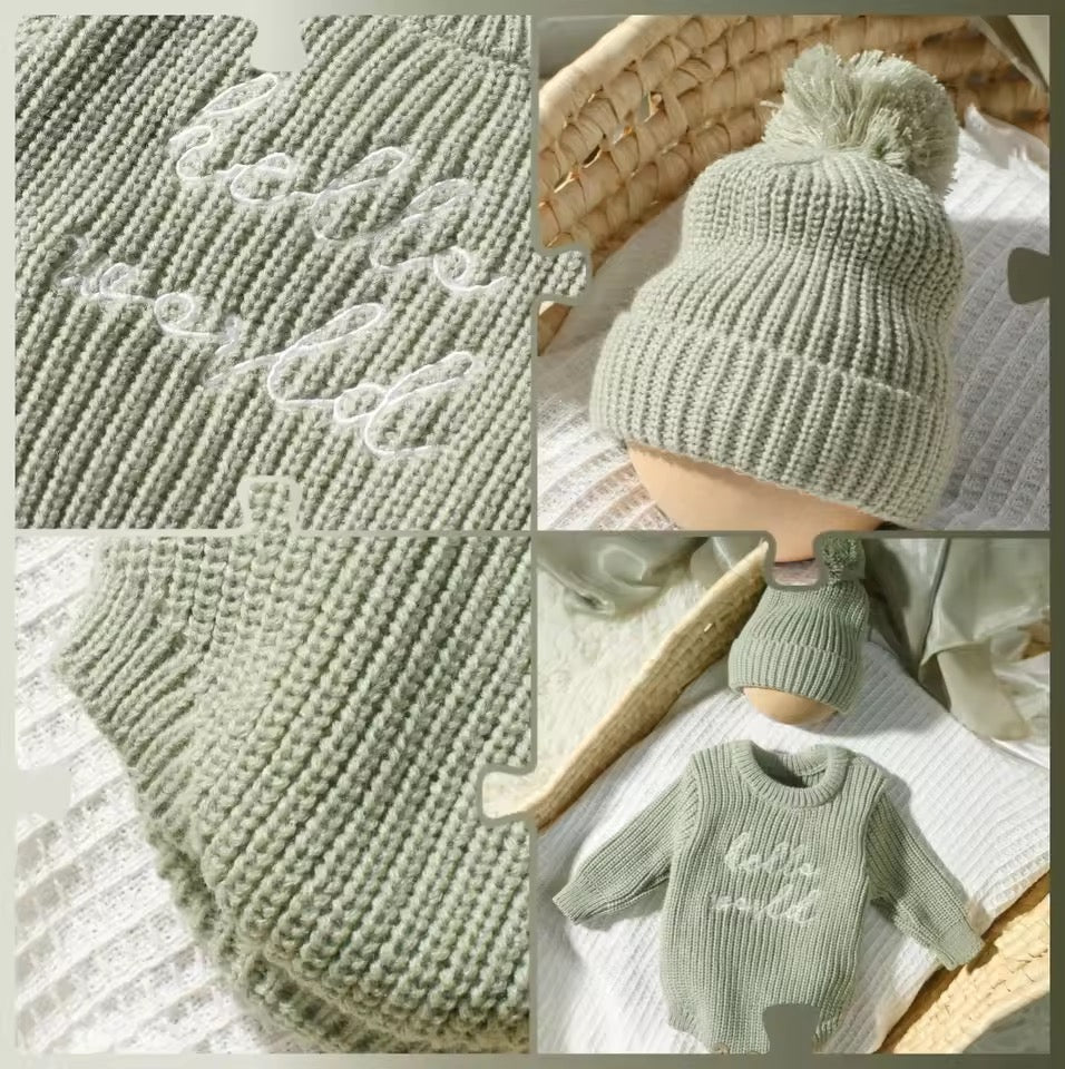Hello World Knit Romper & Beanie Set – Unisex Newborn Outfit [Sage]