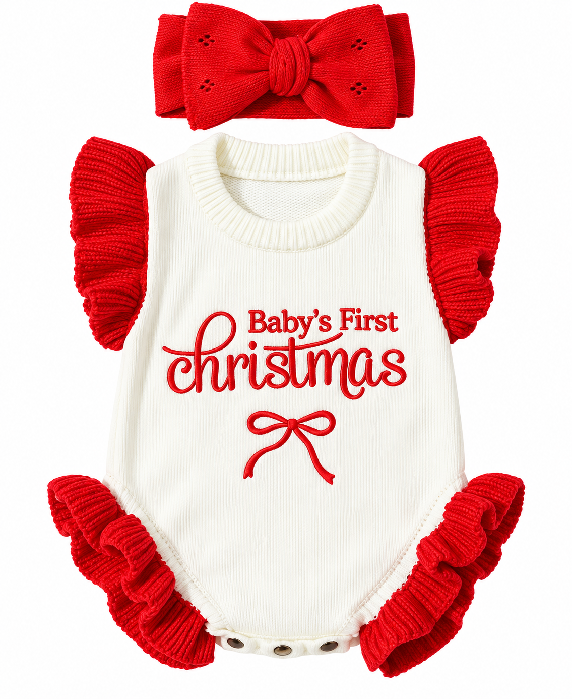 Baby’s First Christmas Knitted Romper & Bow Headband Set – Red & Cream