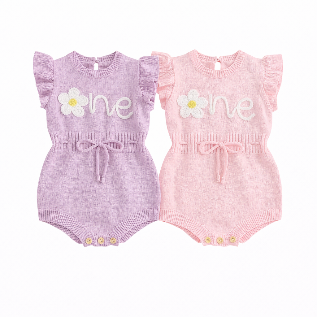 Piper “One” Autumn Birthday Knit Romper – Baby Girl First Birthday Outfit [Pink]
