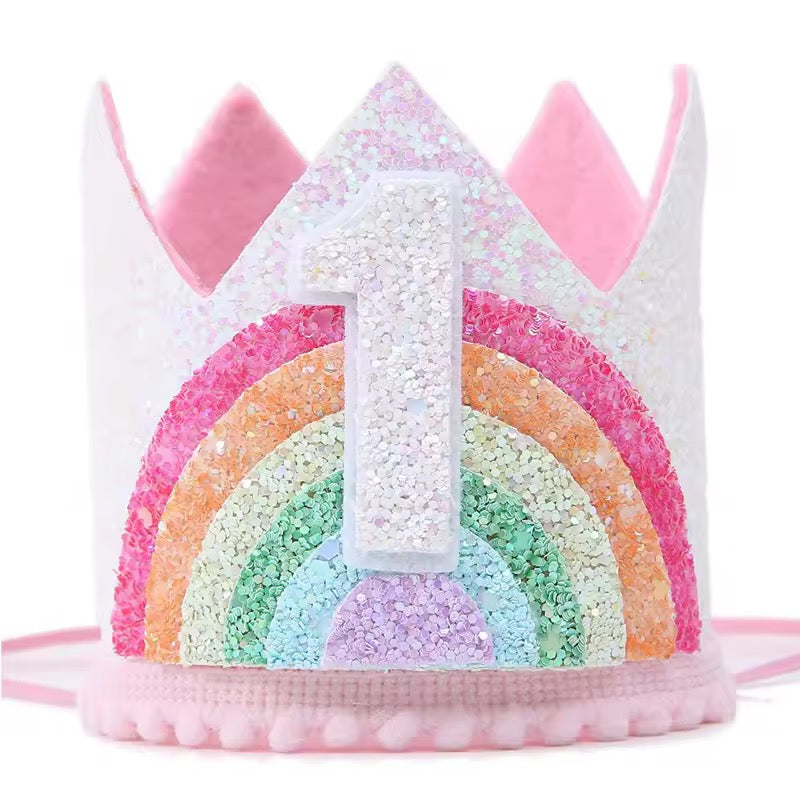 Rainbow Glitter First Birthday Crown | Soft Pink Cake Smash Party Hat