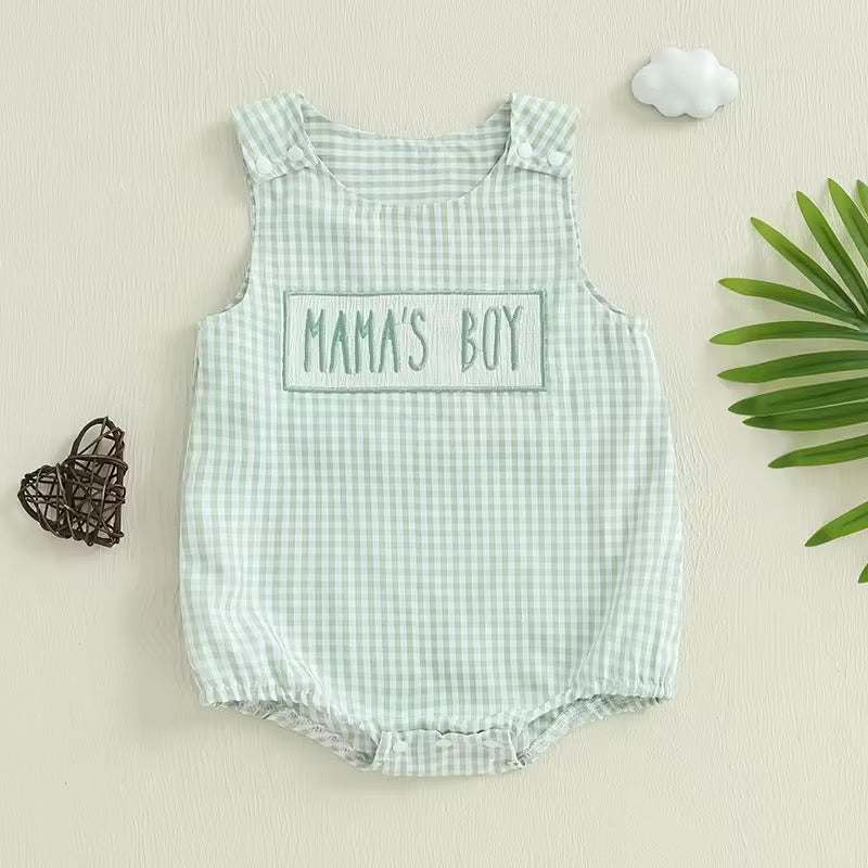 Cooper Mama’s Boy Gingham Romper – Baby Boy Milestone Outfit