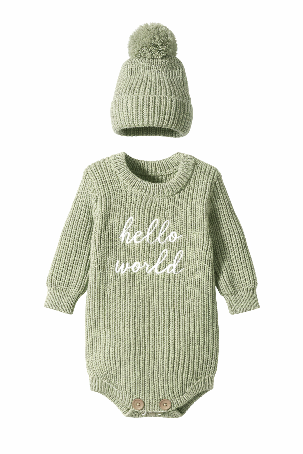 Hello World Knit Romper & Beanie Set – Unisex Newborn Outfit [Sage]