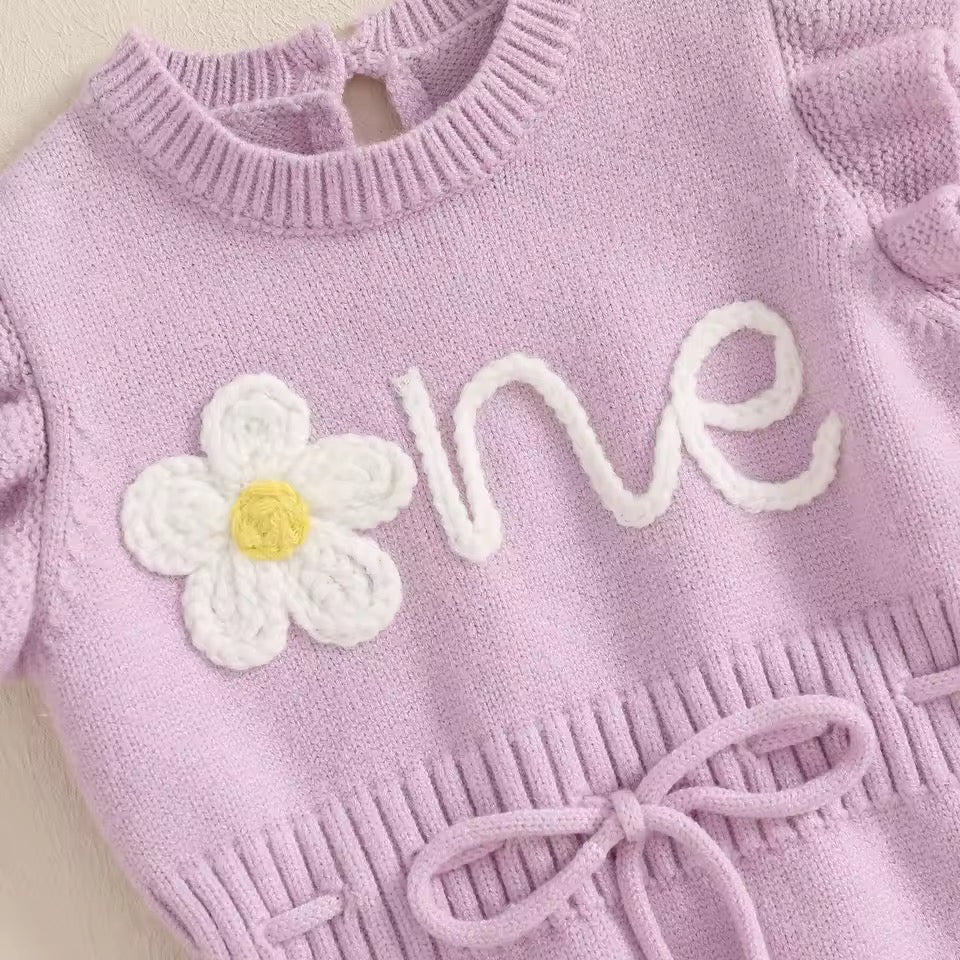 Piper “One” Autumn Birthday Knit Romper – Baby Girl First Birthday Outfit [Lilac]