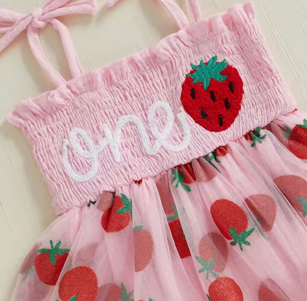 Zora ‘One’ First Birthday Tulle Dress - Strawberry