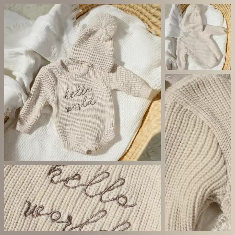 Hello World Knit Romper & Beanie Set – Unisex Newborn Outfit [Beige]