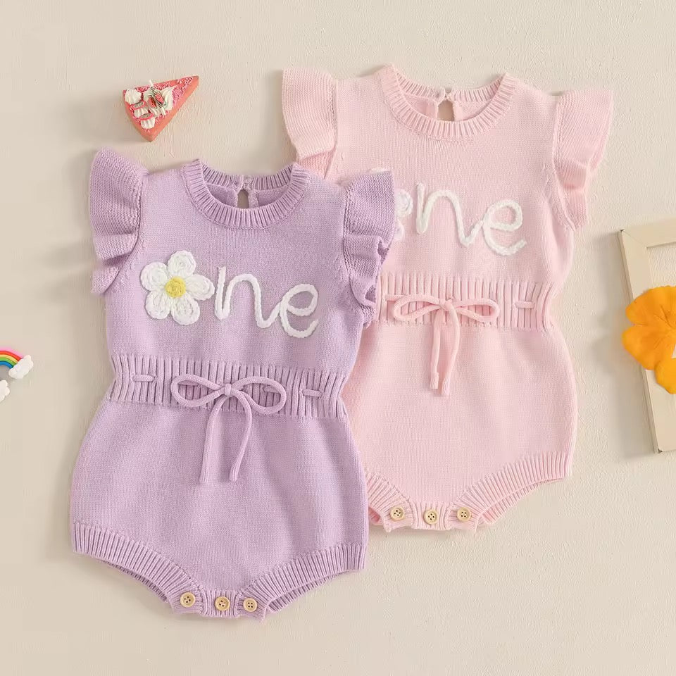 Piper “One” Autumn Birthday Knit Romper – Baby Girl First Birthday Outfit [Pink]