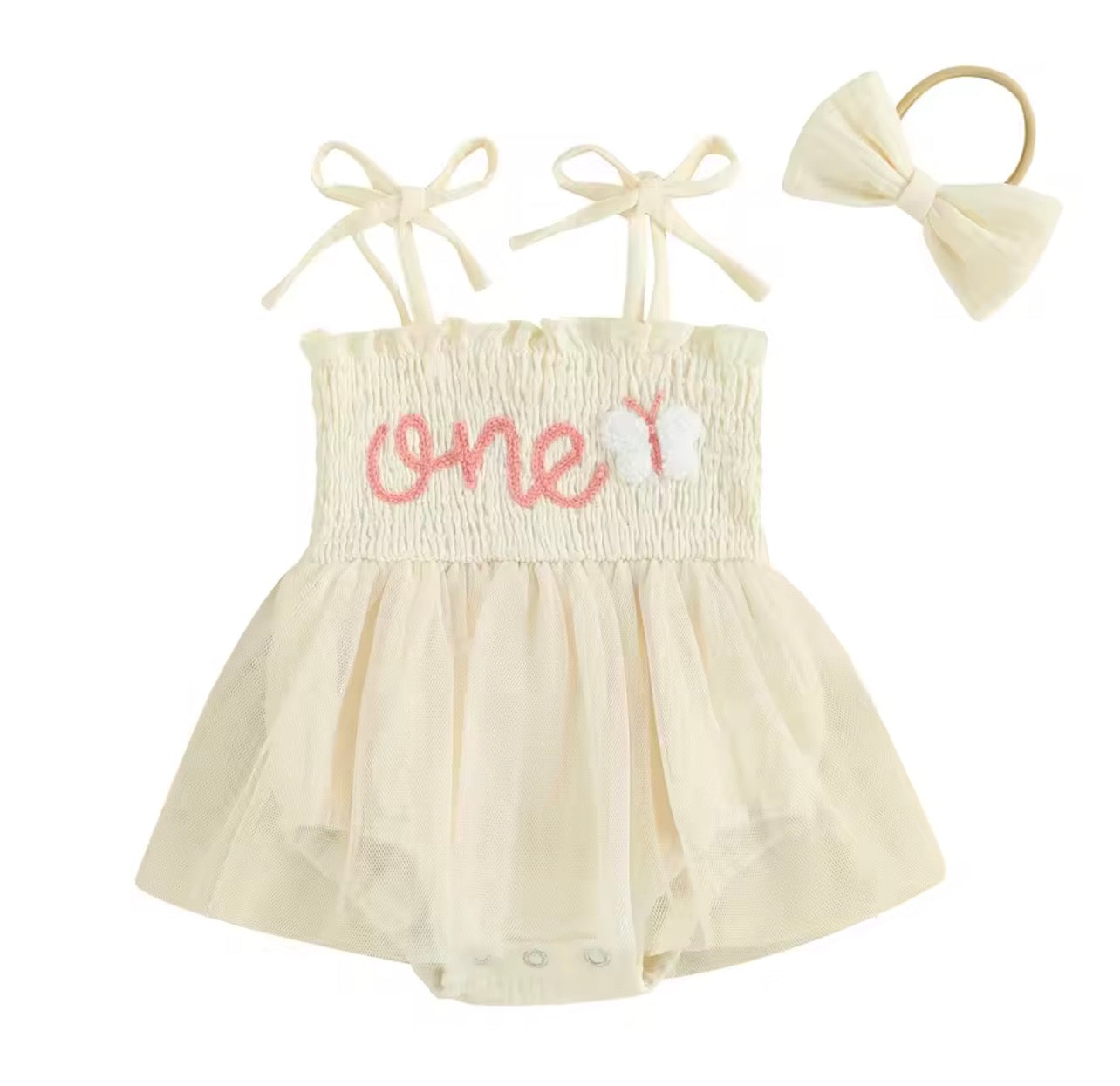 Zora ‘One’ First Birthday Tulle Dress - Beige