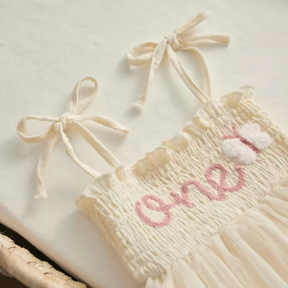 Zora ‘One’ First Birthday Tulle Dress - Beige